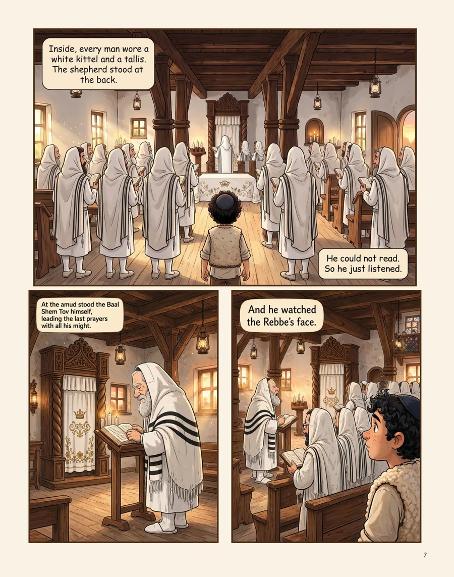 Page 7 — inside the shul on Yom Kippur; the shepherd watches the Rebbe’s face at the amud